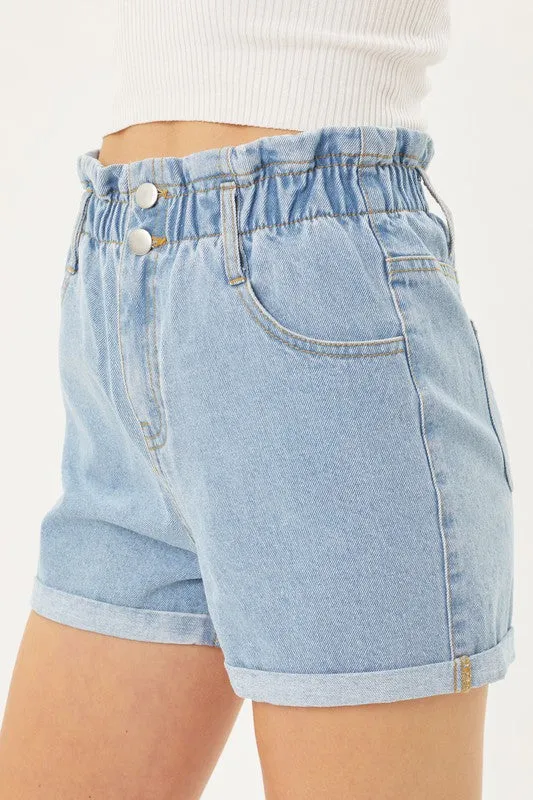 Love Tree Double Buttoned Paper Bag Waistband Denim Shorts