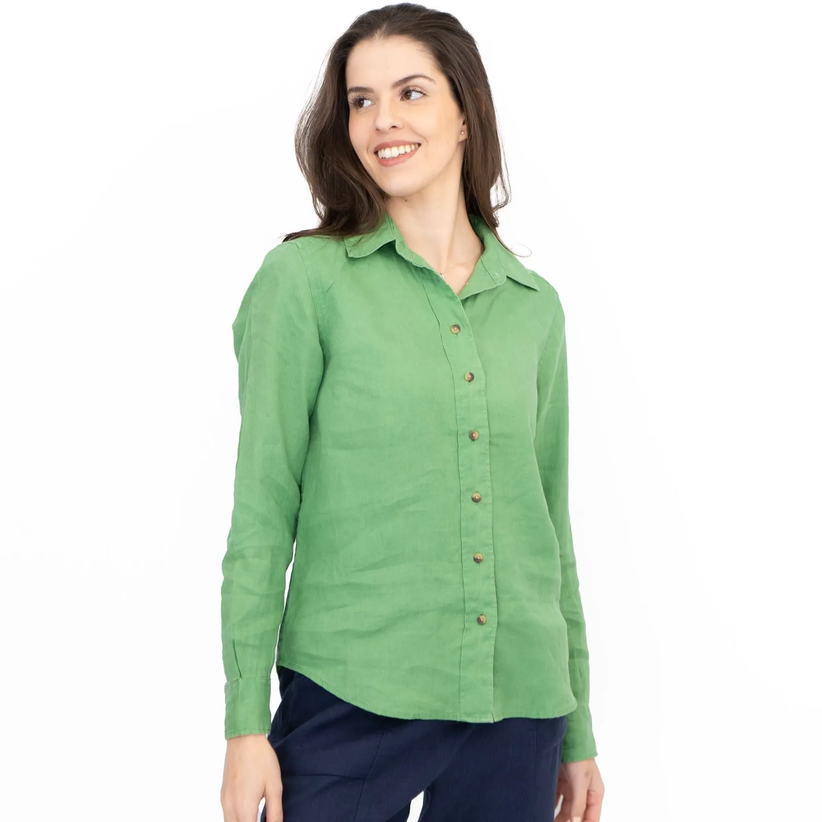 M&S Womens Oversized Green Pure Linen Collared Blouse