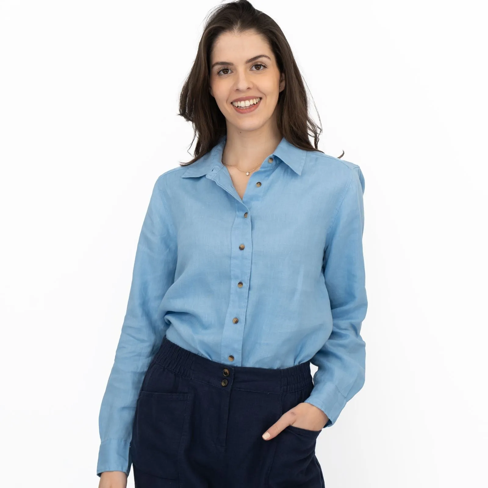 M&S Womens Oversized Mid Blue Pure Linen Collared Blouse