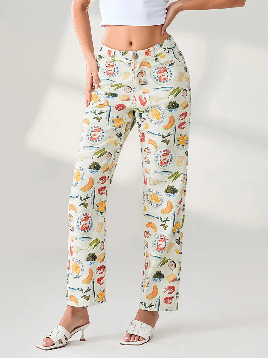 Marie Fun Graphic Print Cropped Casual Jeans