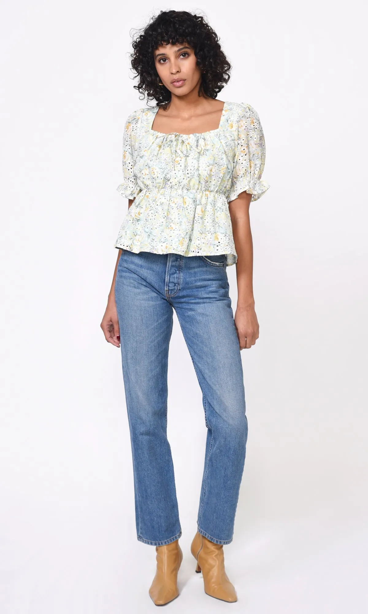 Mint Embroidered Puff Slv Elsa Top