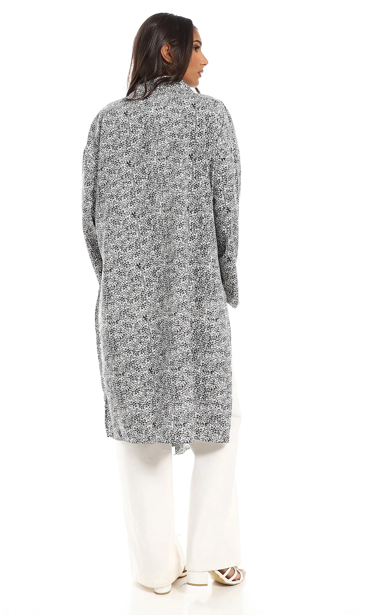 O156340 Side Slits Long Sleeves Cardigan - Black & White