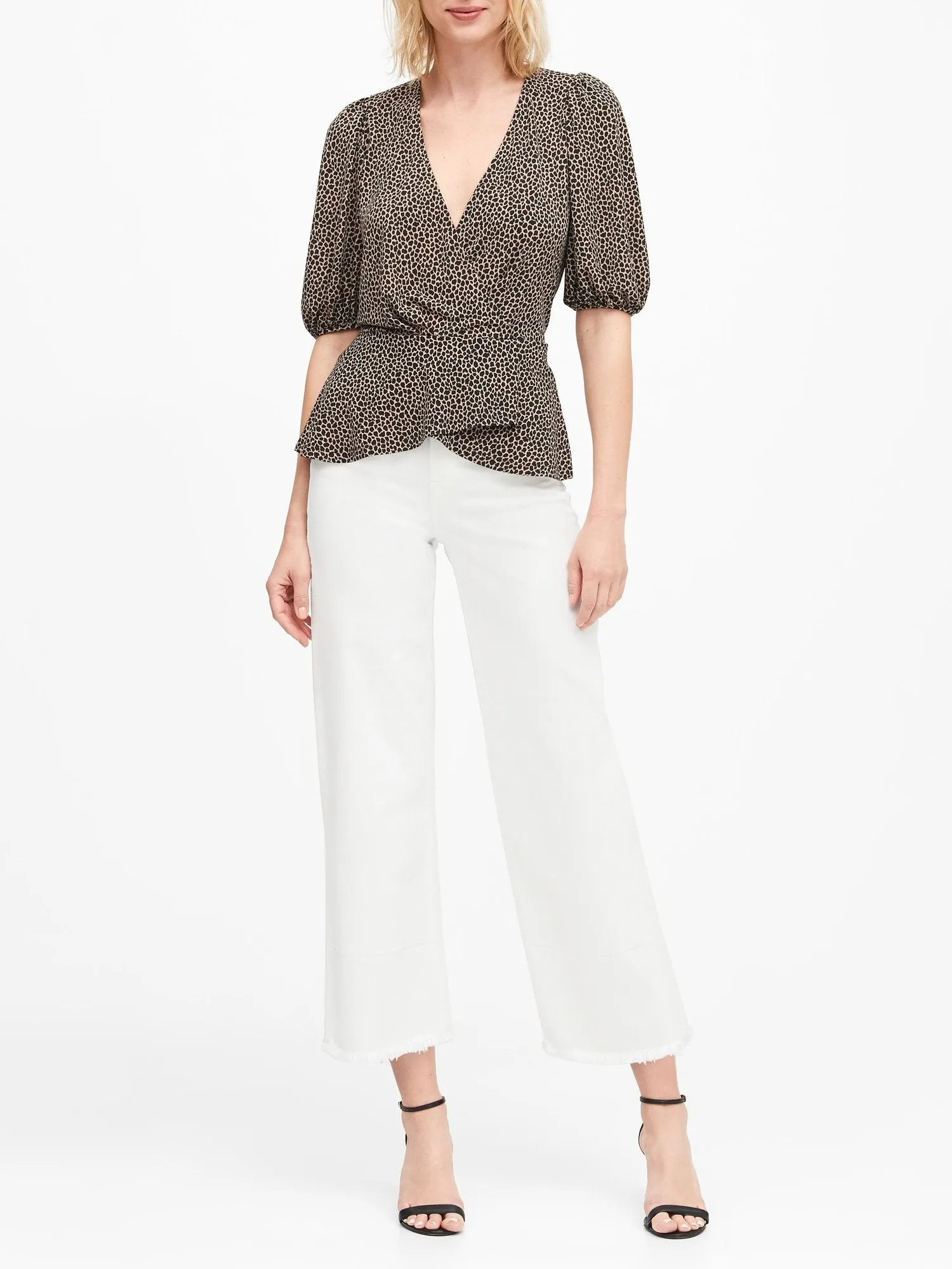 Print Puff-Sleeve Wrap-Effect Top in Brown Animal