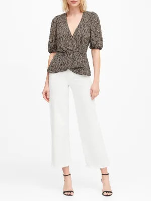 Print Puff-Sleeve Wrap-Effect Top in Brown Animal