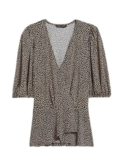 Print Puff-Sleeve Wrap-Effect Top in Brown Animal