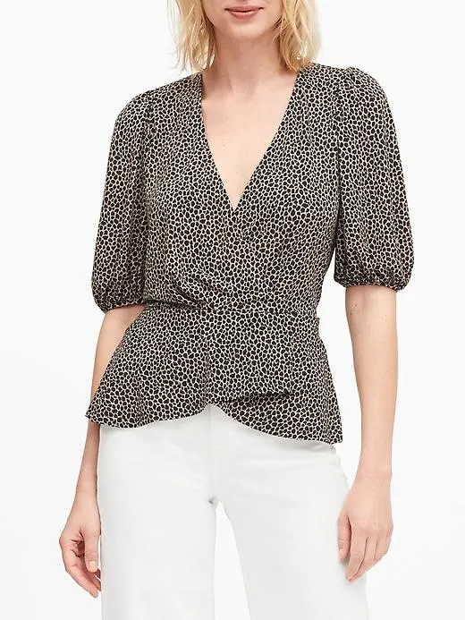 Print Puff-Sleeve Wrap-Effect Top in Brown Animal