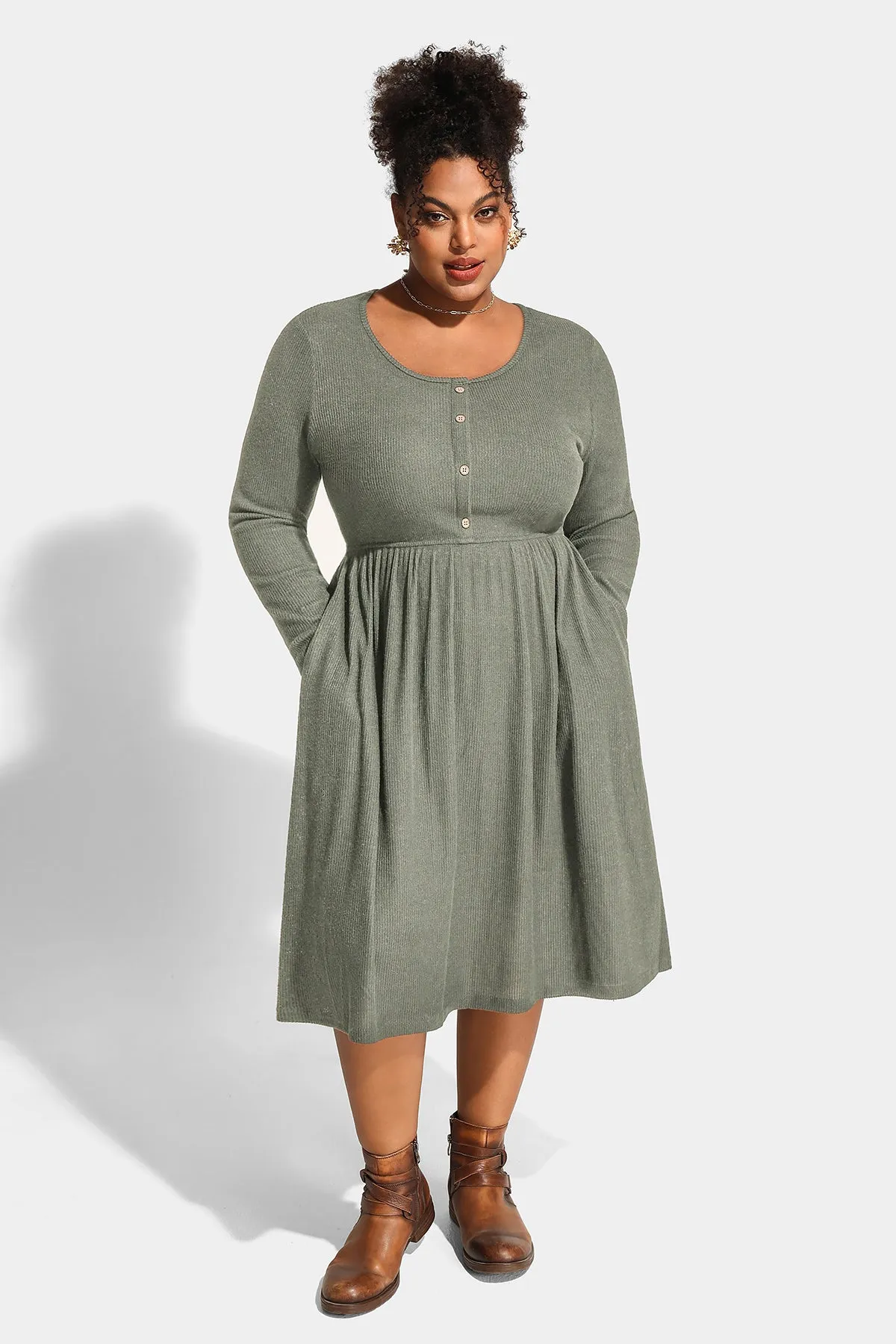 Solid Button Up A-line Pockets Midi Dress