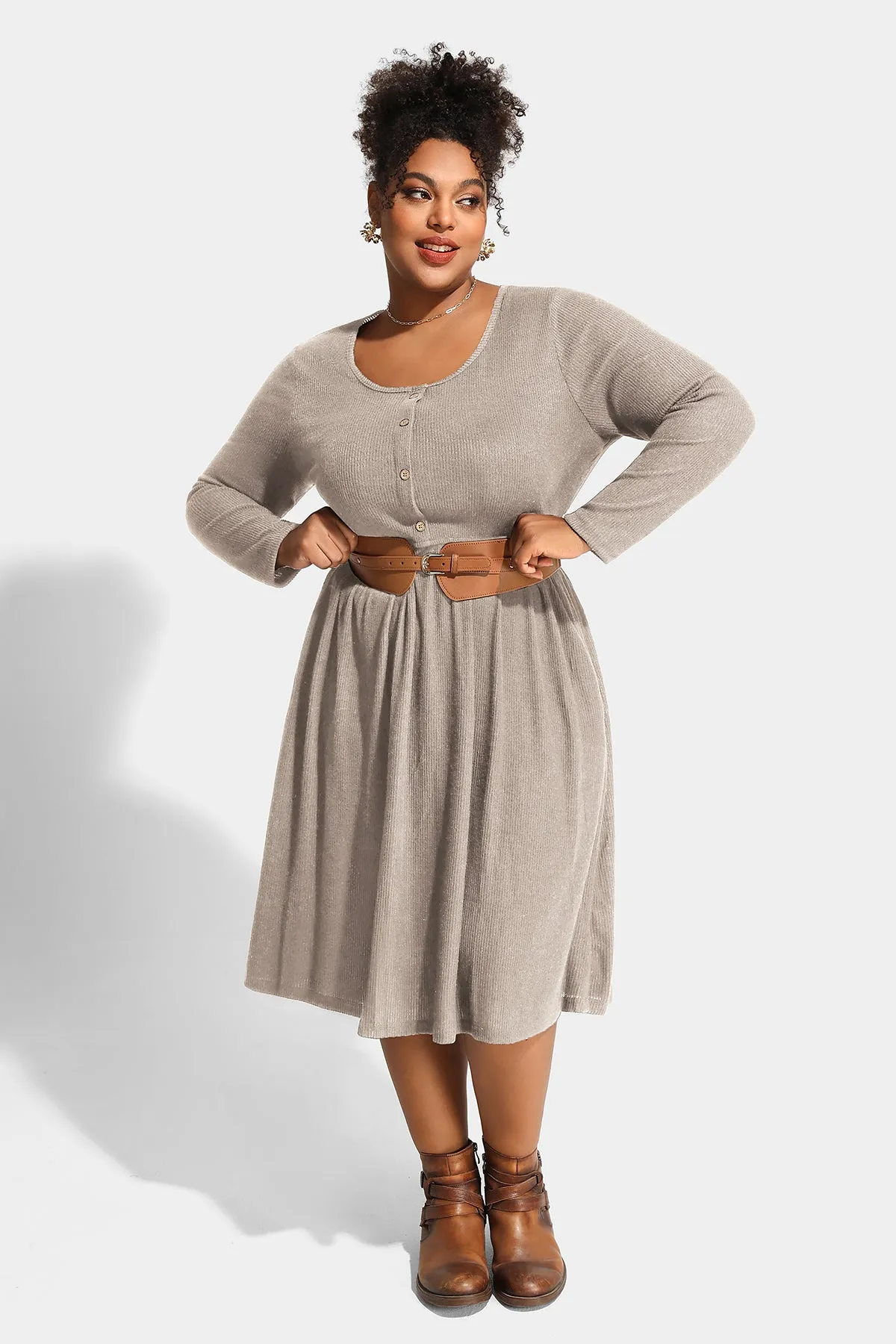 Solid Button Up A-line Pockets Midi Dress