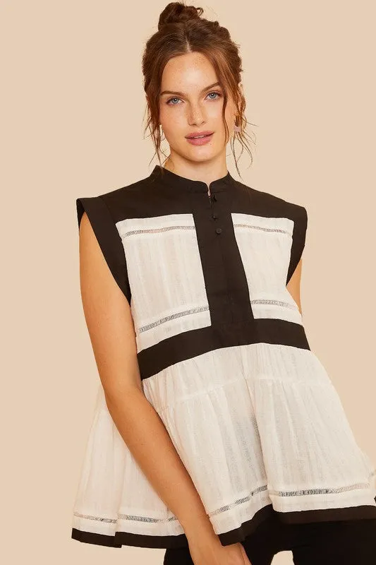 TEEK - Black Contrast Trim Peplum Button Detail Blouse