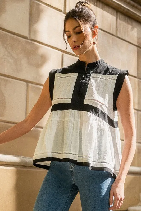 TEEK - Black Contrast Trim Peplum Button Detail Blouse