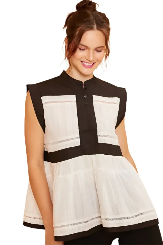 TEEK - Black Contrast Trim Peplum Button Detail Blouse
