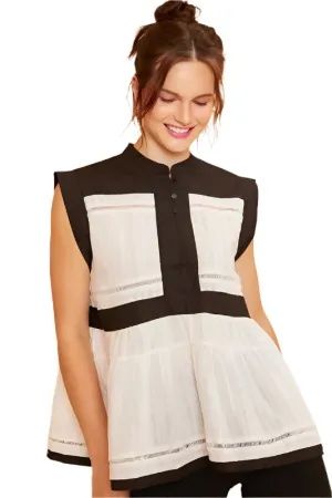 TEEK - Black Contrast Trim Peplum Button Detail Blouse