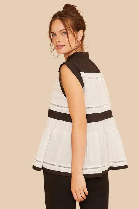 TEEK - Black Contrast Trim Peplum Button Detail Blouse