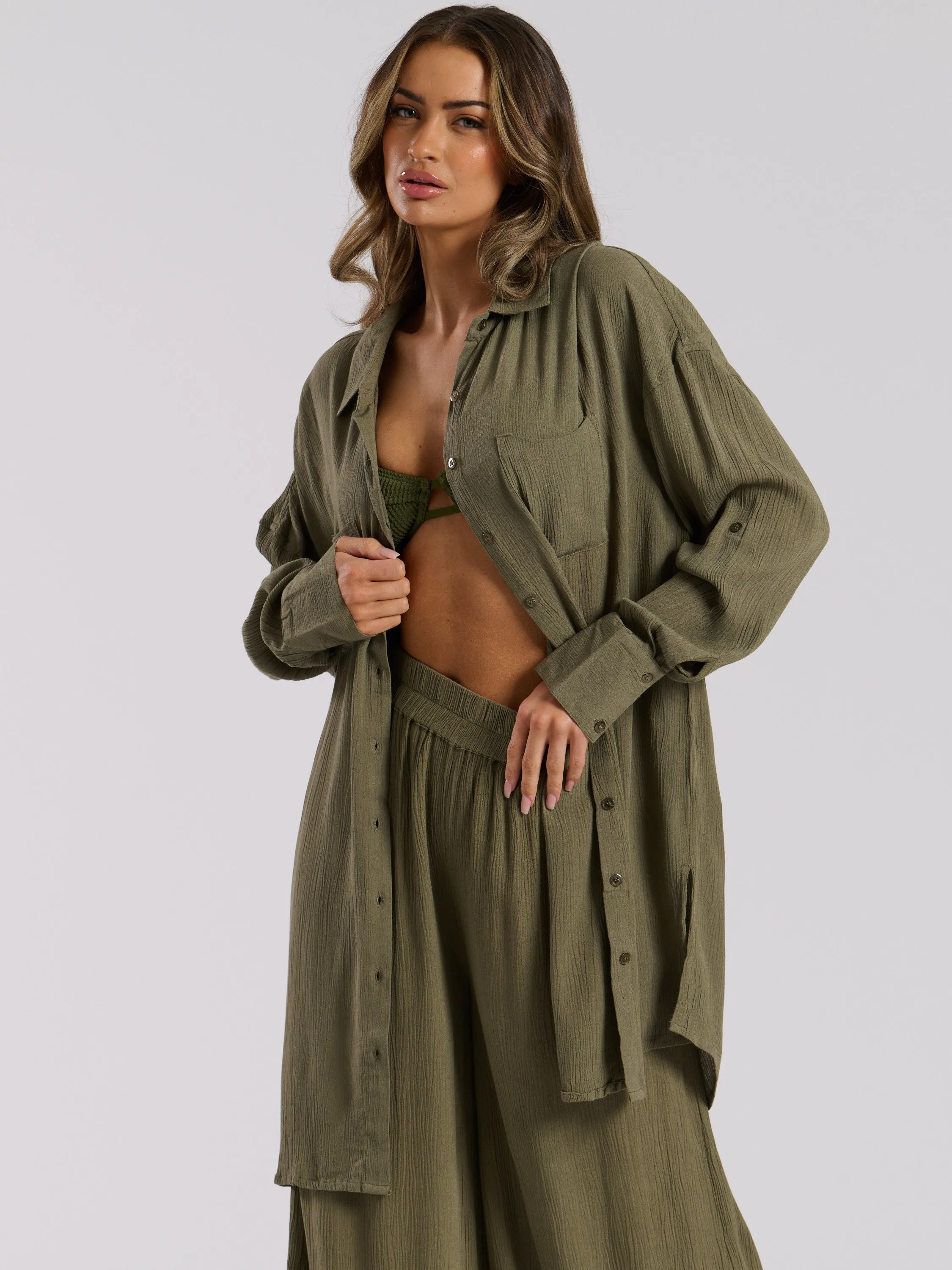 The 'Voyager' oversized lightweight beach shirt in khaki