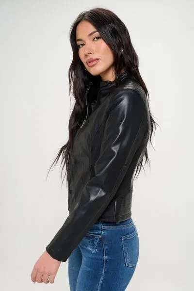Zip Up Vegan Moto Jacket in Black