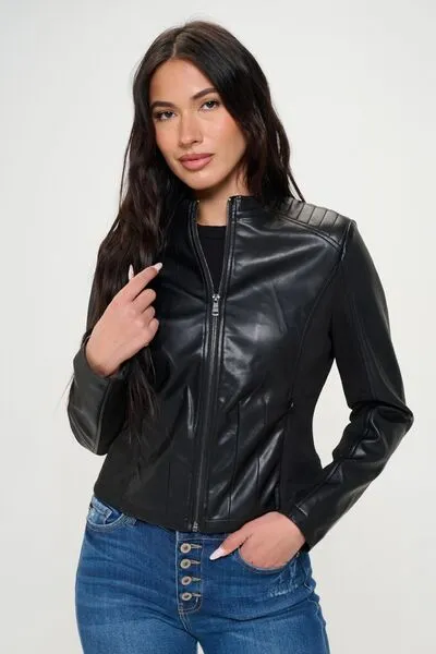 Zip Up Vegan Moto Jacket in Black